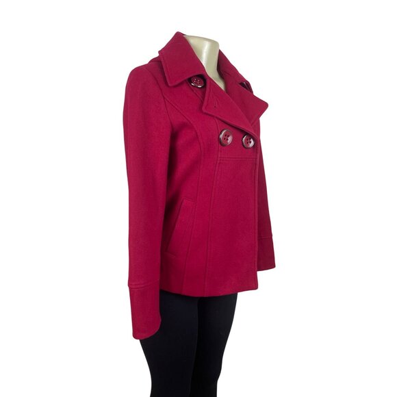 Guess Jeans Womens Red Hooded Peacoat Jacket With Button Accents & Pockets Sz XS - Picture 2 of 10